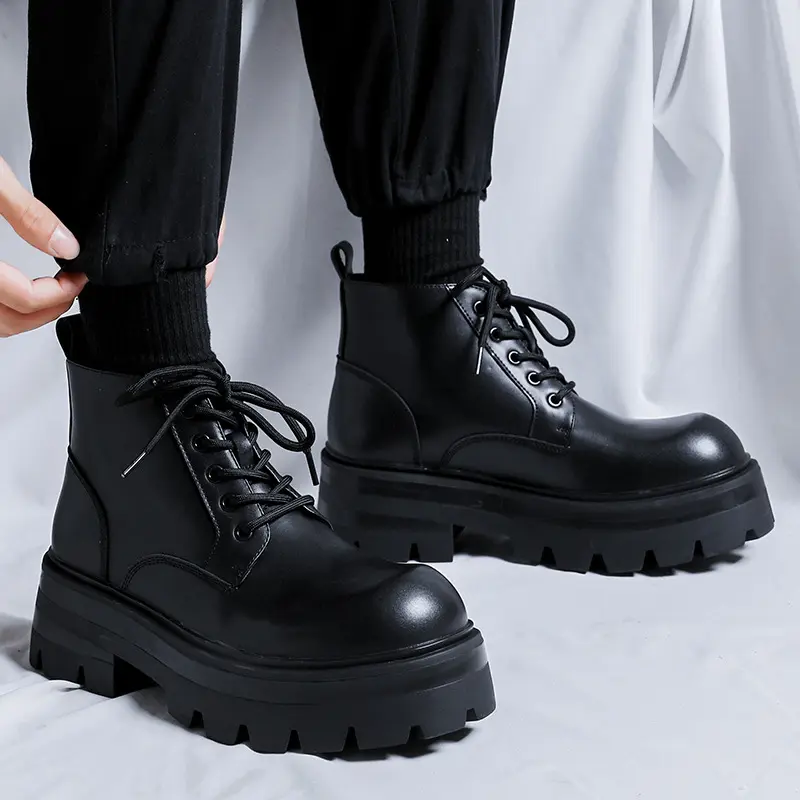 men fashion platform boots lace-up original leather shoes black trendy cowboy ankle boot punk rock dress cool chunky botas male