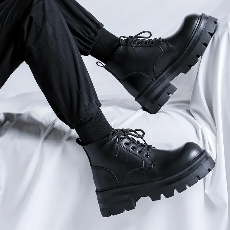 men fashion platform boots lace-up original leather shoes black trendy cowboy ankle boot punk rock dress cool chunky botas male