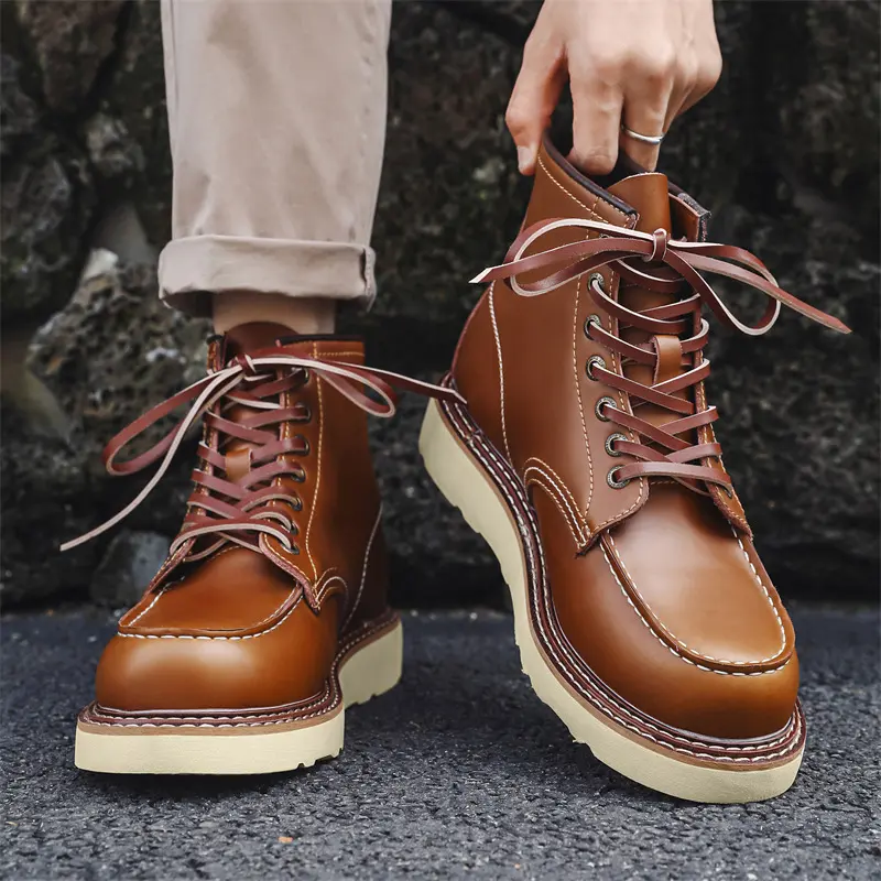 men's luxury fashion genuine leather boots brown platform shoes outdoors tooling work cowboy boot spring autumn ankle botas male