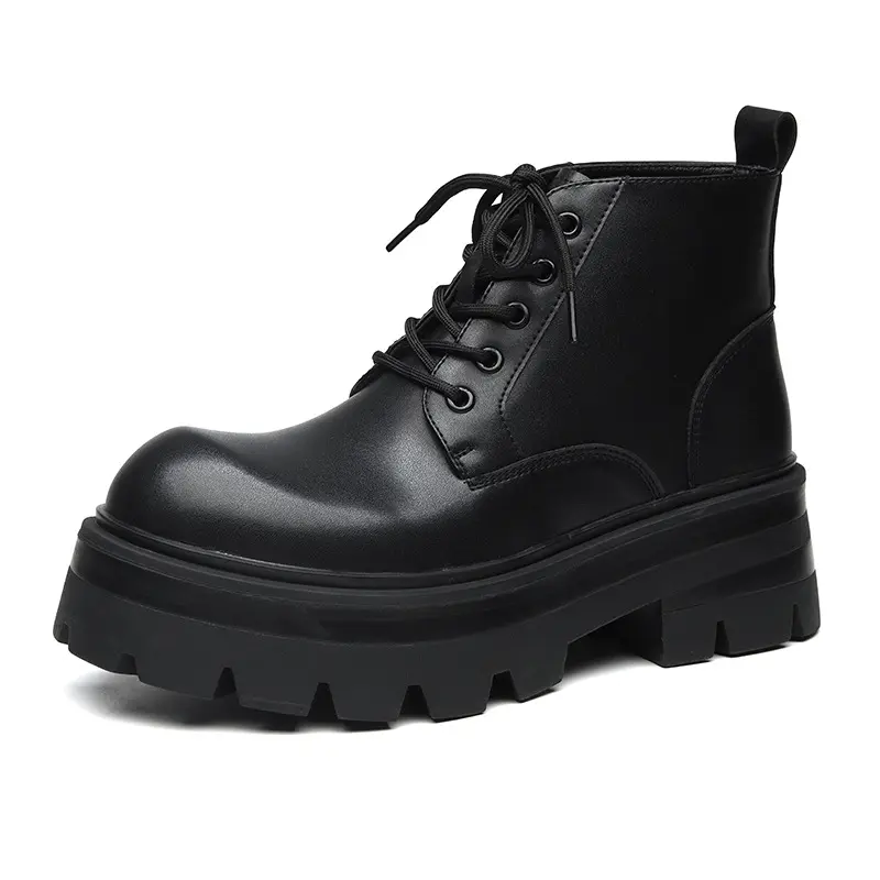 men fashion platform boots lace-up original leather shoes black trendy cowboy ankle boot punk rock dress cool chunky botas male