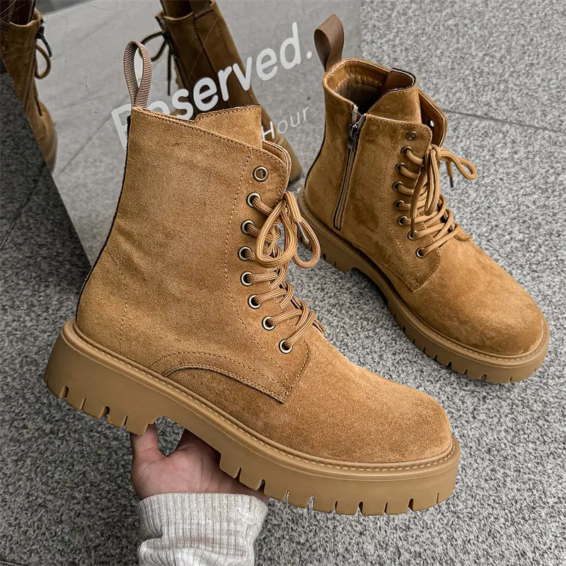 big size mens casual platform boots lace-up cow suede leather shoes cowboy high boot party banquet dress cool motorcycle botas