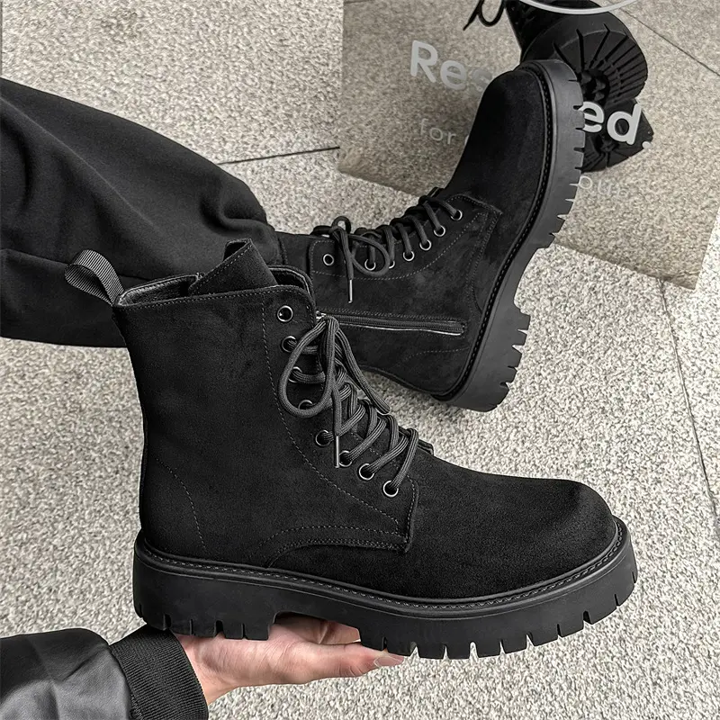 big size mens casual platform boots lace-up cow suede leather shoes cowboy high boot party banquet dress cool motorcycle botas