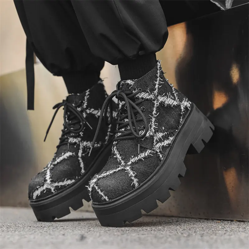 mens fashion platform boots lace-up canvas shoes cowboy autumn winter boot punk hip hop dress black designer stylish ankle botas