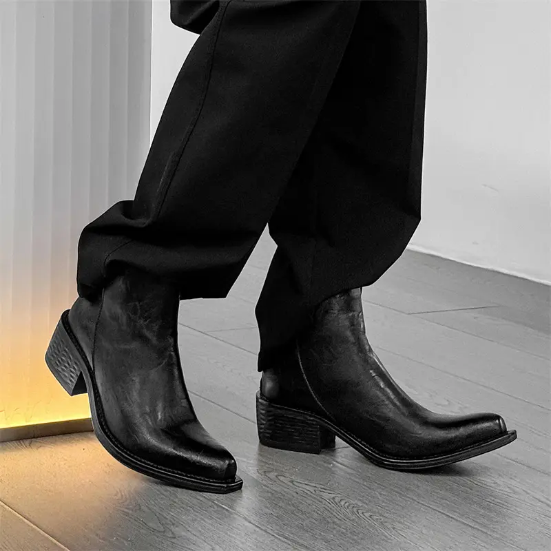men fashion black brown high chelsea boots designer pointed toe upturned shoes cowboy genuine leather boot punk goth ankle botas