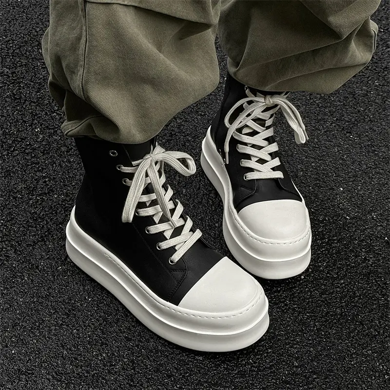 plus size men casual high platform boots black natural leather shoes hip hop rock dress cowboy boot cool long motorcycle botas