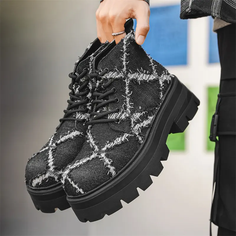 mens fashion platform boots lace-up canvas shoes cowboy autumn winter boot punk hip hop dress black designer stylish ankle botas