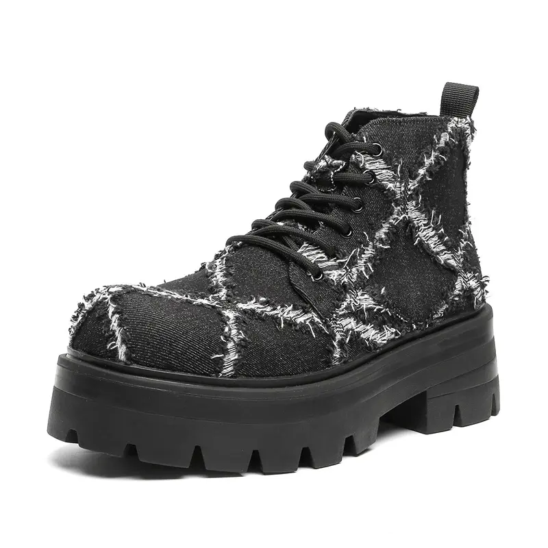 mens fashion platform boots lace-up canvas shoes cowboy autumn winter boot punk hip hop dress black designer stylish ankle botas