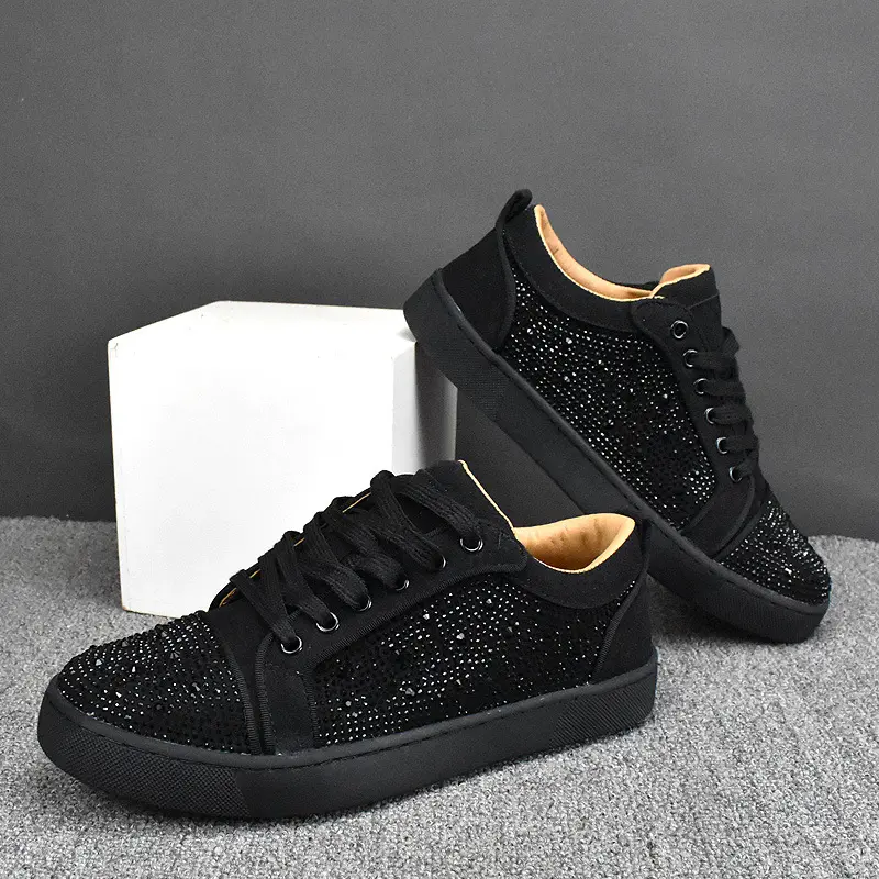 men's fashion party nightclub rhinestone shoes lace-up cow suede leather studded shoe flats platform sneakers designer footwear