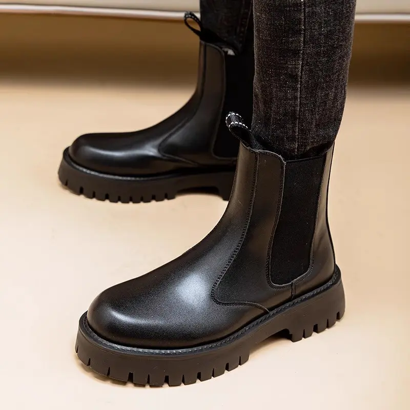 British style men fashion stage party handsome motorcycle boots autumn winter shoes cowboy platform boot genuine leather botas