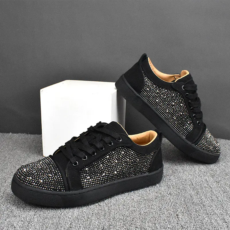 men's fashion party nightclub rhinestone shoes lace-up cow suede leather studded shoe flats platform sneakers designer footwear