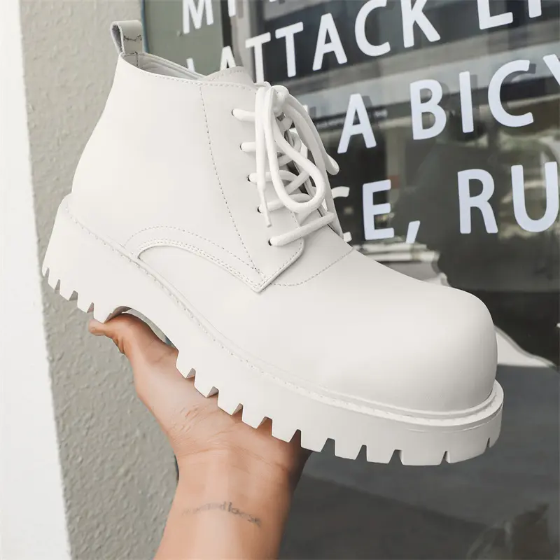 big size men fashion original leather boots lace-up platform shoes black white cowboy ankle boot brand designer cool short botas