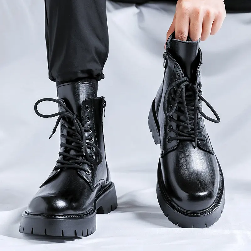 men fashion genuine leather boots lace-up black brown shoes cowboy platform boot big size handsome high motorcycle botas hombre