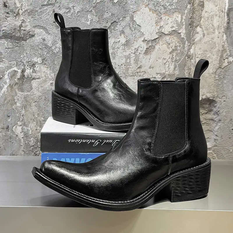 big size mens fashion hip hop rock high chelsea boots black brown pointed toe shoes cowboy genuine leather boot motorcycle botas