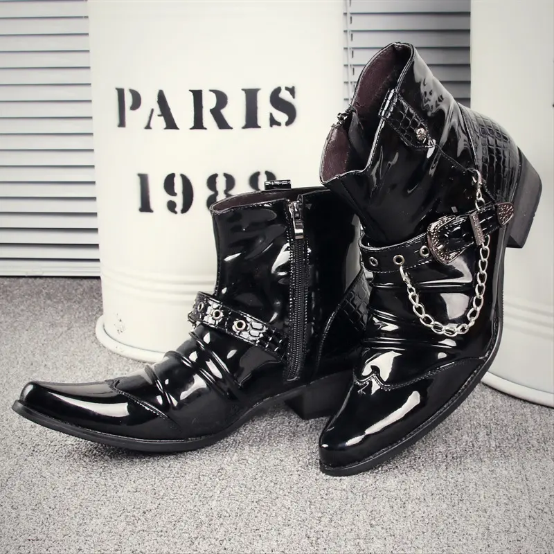 men's fashion chelsea boots black tide patent leather shoes pointed toe high heel ankle boot party nightclub dresses short botas