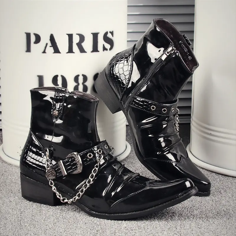 men's fashion chelsea boots black tide patent leather shoes pointed toe high heel ankle boot party nightclub dresses short botas