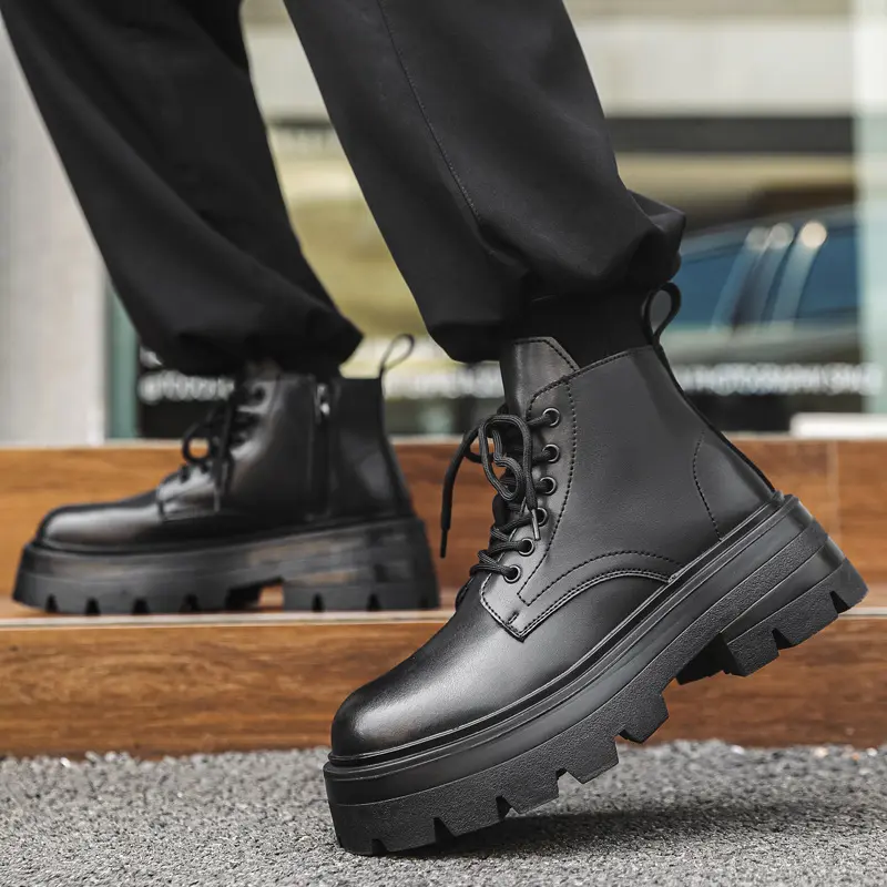 men luxury fashion punk hip hop dress original leather boots black trendy autumn winter shoes cowboy ankle boot platform botas