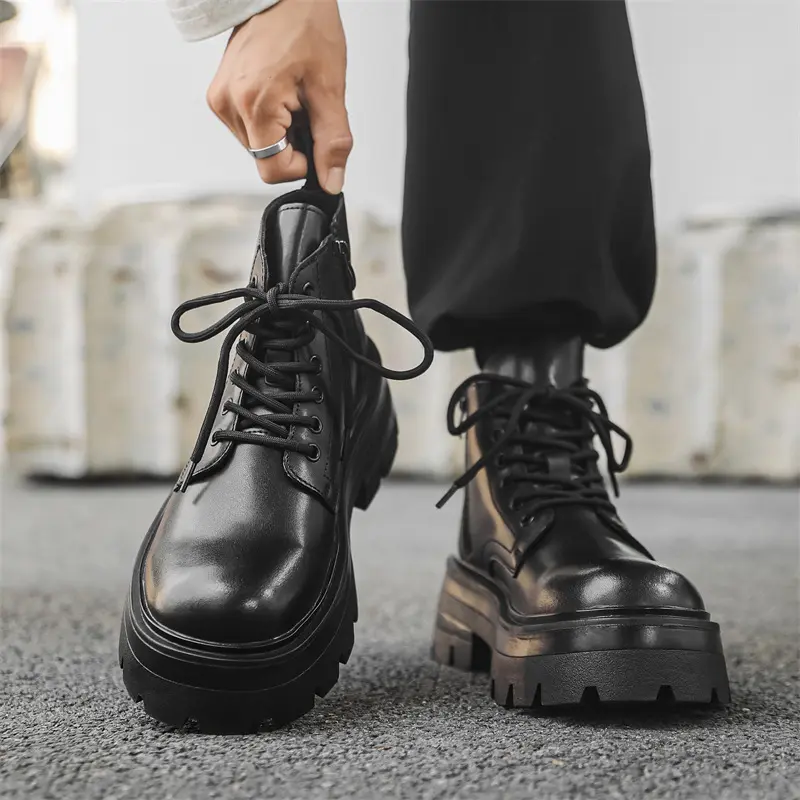 men luxury fashion punk hip hop dress original leather boots black trendy autumn winter shoes cowboy ankle boot platform botas