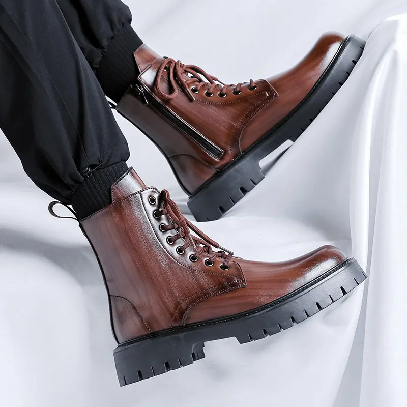 large size mens fashion original leather boots black brown platform shoes stage nightclub dress cowboy high motorcycle botas man