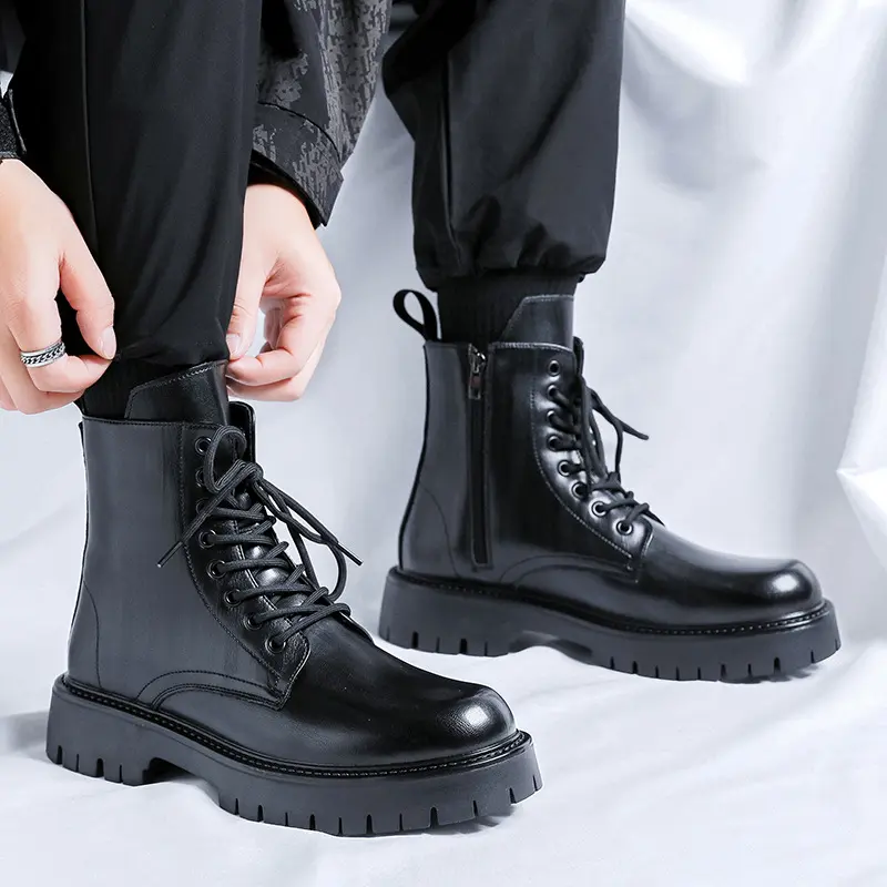 large size mens fashion original leather boots black brown platform shoes stage nightclub dress cowboy high motorcycle botas man