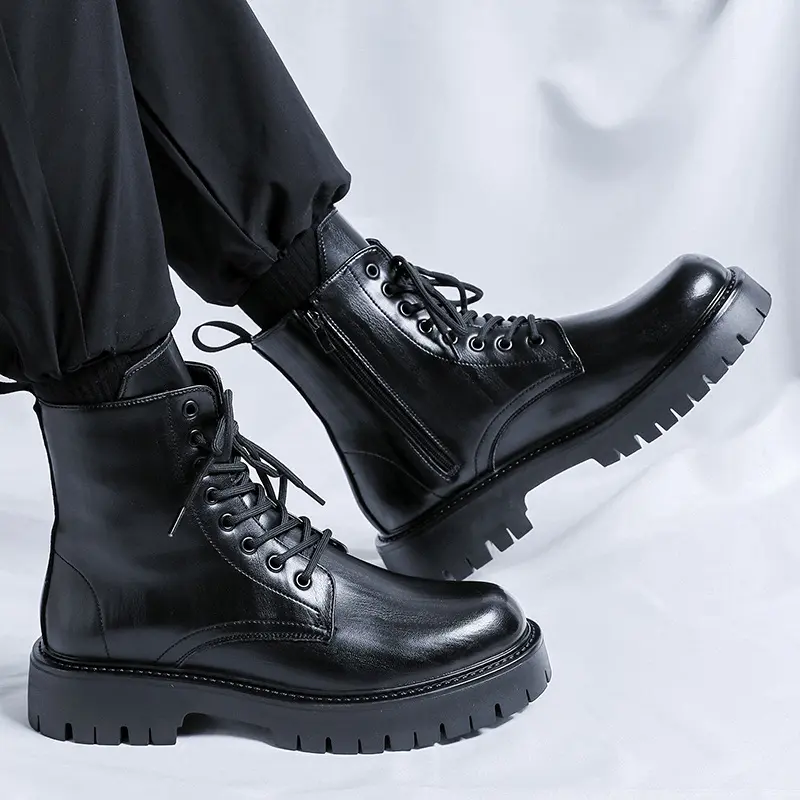 large size mens fashion original leather boots black brown platform shoes stage nightclub dress cowboy high motorcycle botas man