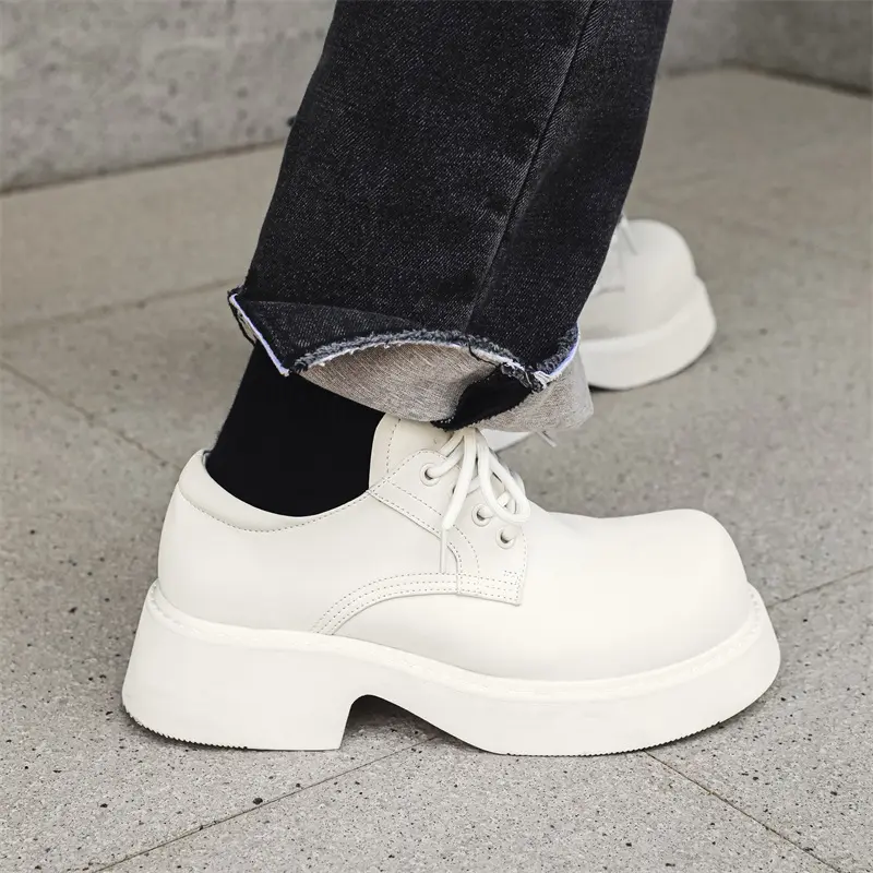 men fashion white genuine leather shoes lace-up platform derby shoe punk rock dress big toe stylish sneakers youth footwear mans
