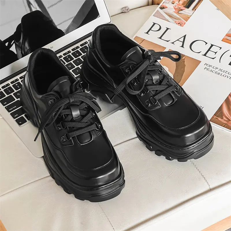 British style mens casual platform shoes lace-up genuine leather oxfords shoe black trendy sneakers youth street footwear zapato
