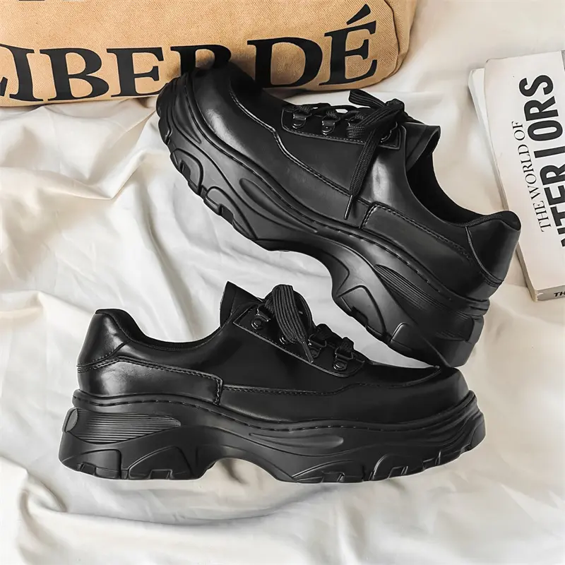 British style mens casual platform shoes lace-up genuine leather oxfords shoe black trendy sneakers youth street footwear zapato