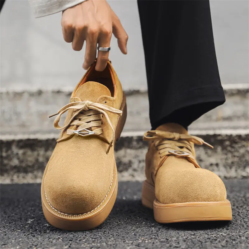 mens casual cow suede leather shoes lace-up platform shoe outdoors cowboy tooling work sneakers big toe cool stylish footwear