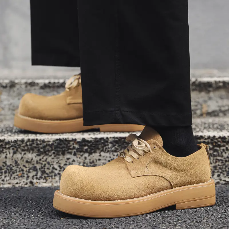 mens casual cow suede leather shoes lace-up platform shoe outdoors cowboy tooling work sneakers big toe cool stylish footwear