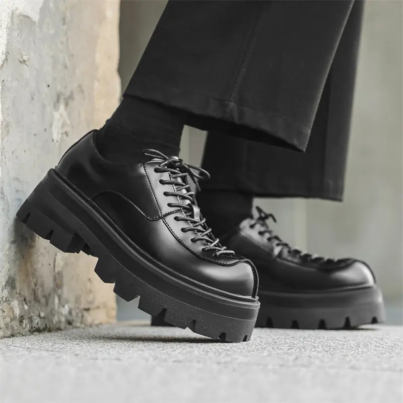 Korean style mens casual original leather shoes black white lace-up oxfords shoe punk rock dress platform sneakers mans footwear