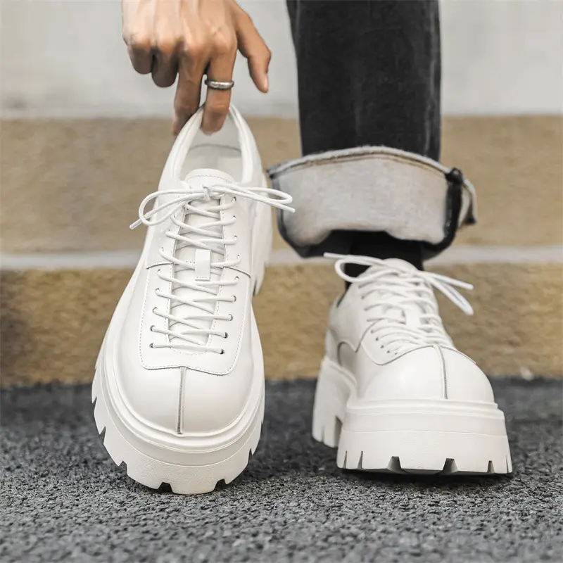 Korean style mens casual original leather shoes black white lace-up oxfords shoe punk rock dress platform sneakers mans footwear