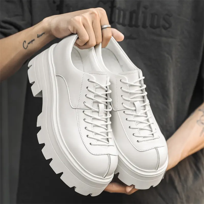 Korean style mens casual original leather shoes black white lace-up oxfords shoe punk rock dress platform sneakers mans footwear