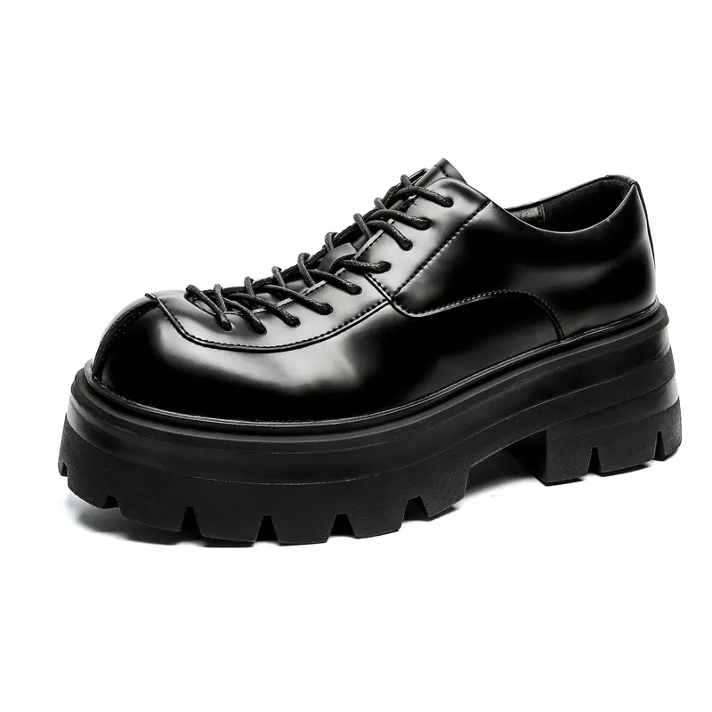 Korean style mens casual original leather shoes black white lace-up oxfords shoe punk rock dress platform sneakers mans footwear