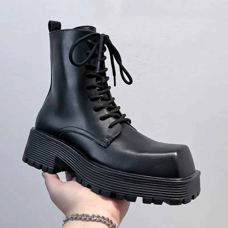 men fashion high motorcycle boots lace-up original leather shoes cowboy platform boot square toe designer autumn winter botas