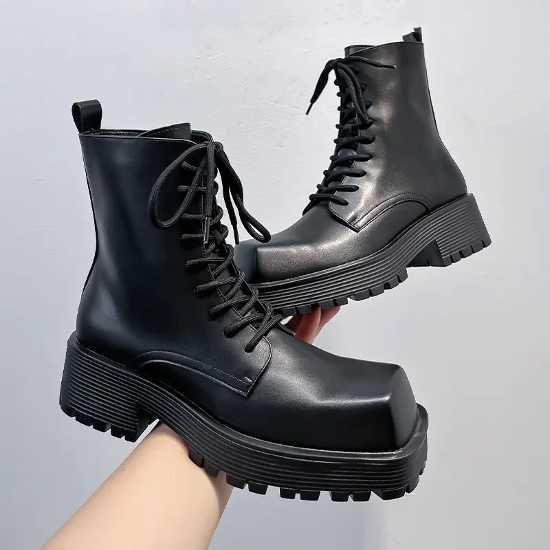 men fashion high motorcycle boots lace-up original leather shoes cowboy platform boot square toe designer autumn winter botas