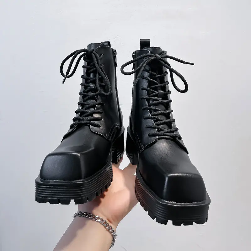 men fashion high motorcycle boots lace-up original leather shoes cowboy platform boot square toe designer autumn winter botas