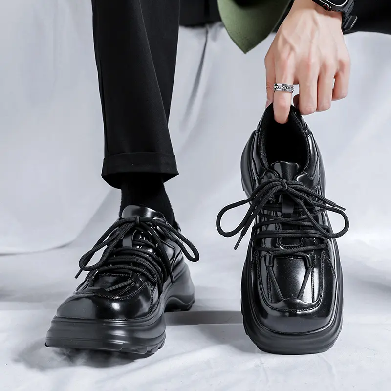 men luxury fashion original leather shoes black stylish lace-up platform shoe brand designer square toe sneakers mans footwear