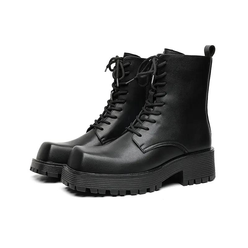 men fashion high motorcycle boots lace-up original leather shoes cowboy platform boot square toe designer autumn winter botas