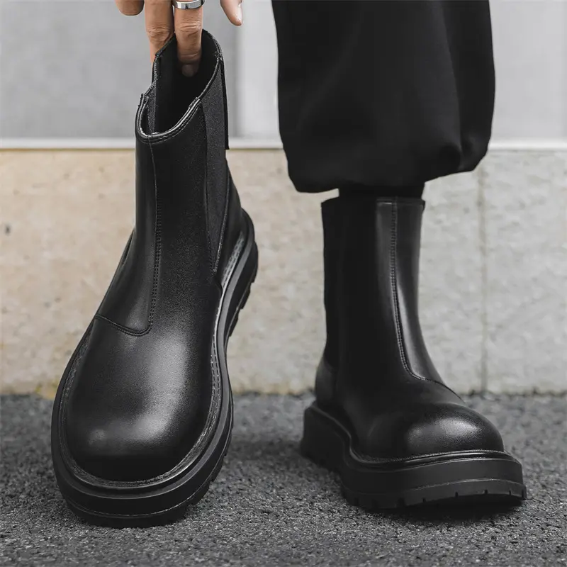 men's fashion punk stage dress chelsea boots black trendy natural leather shoes cowboy platform boot spring autumn ankle botas