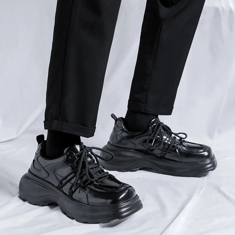 men luxury fashion original leather shoes black stylish lace-up platform shoe brand designer square toe sneakers mans footwear