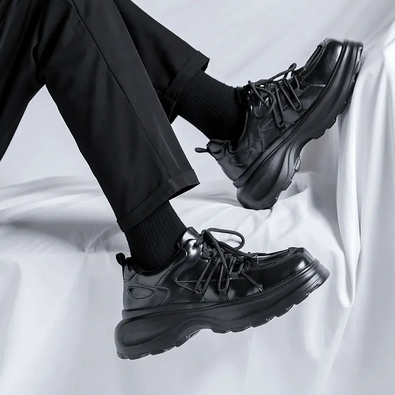 men luxury fashion original leather shoes black stylish lace-up platform shoe brand designer square toe sneakers mans footwear