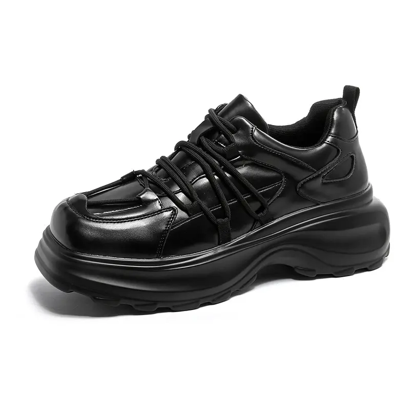 men luxury fashion original leather shoes black stylish lace-up platform shoe brand designer square toe sneakers mans footwear
