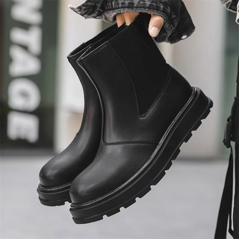 men's fashion punk stage dress chelsea boots black trendy natural leather shoes cowboy platform boot spring autumn ankle botas