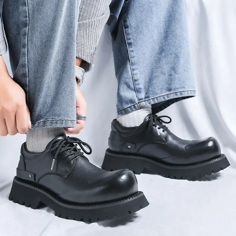 mens fashion wedding party dress genuine leather shoes black stylish platform oxfords shoe big toe tooling sneakers man footwear