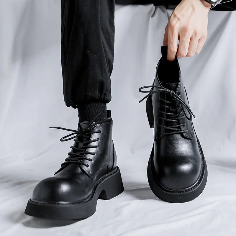 men casual platform boots black trendy natural leather shoes business office dresses cool ankle boot spring autumn short botas