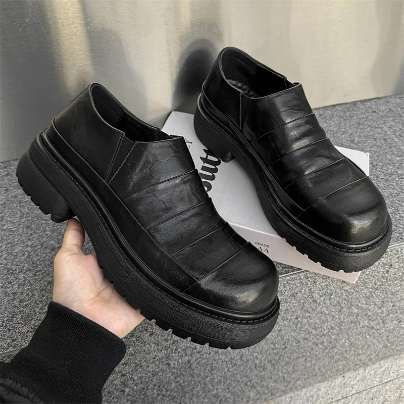 men casual business office dress platform shoes slip-on original leather shoe black trendy designer sneakers breathable footwear