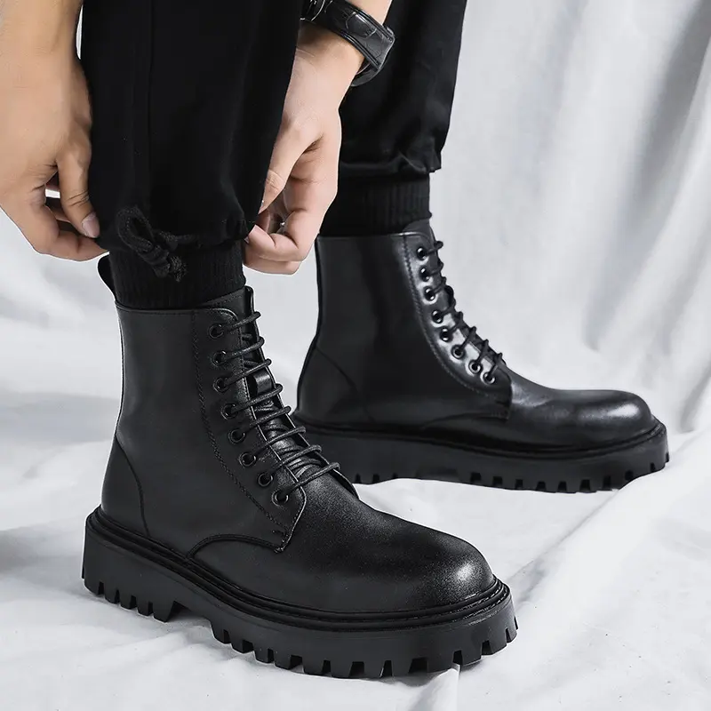 England style men's leisure motorcycle boots lace-up natural leather shoes cowboy platform boot autumn winter short botas hombre
