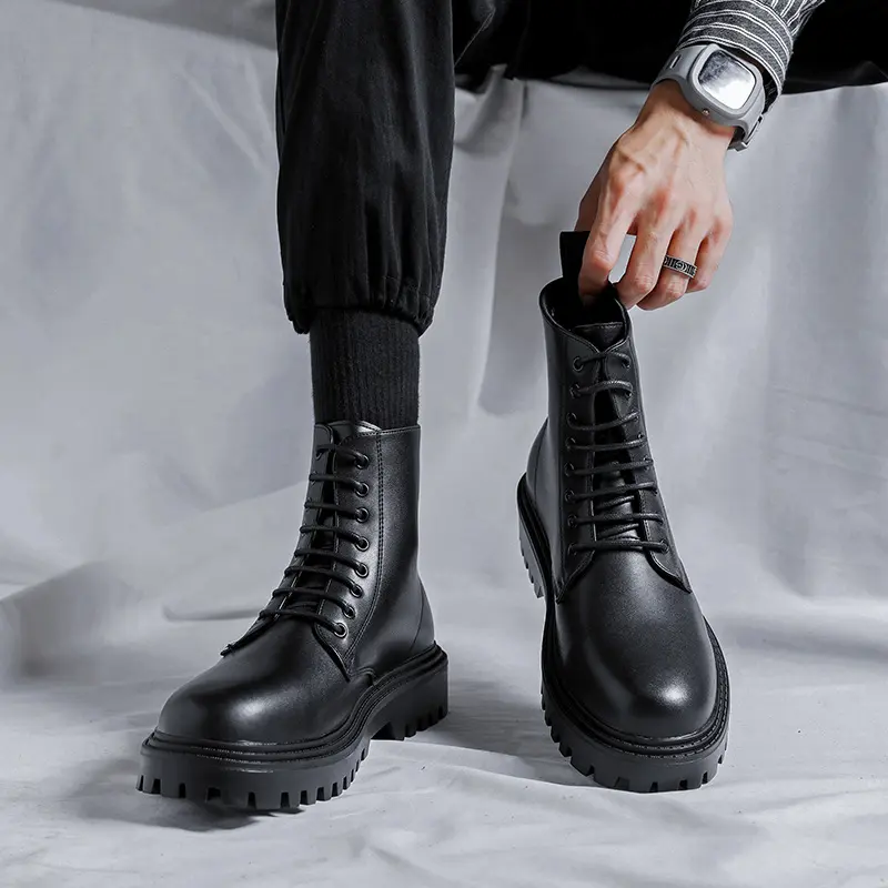 England style men's leisure motorcycle boots lace-up natural leather shoes cowboy platform boot autumn winter short botas hombre