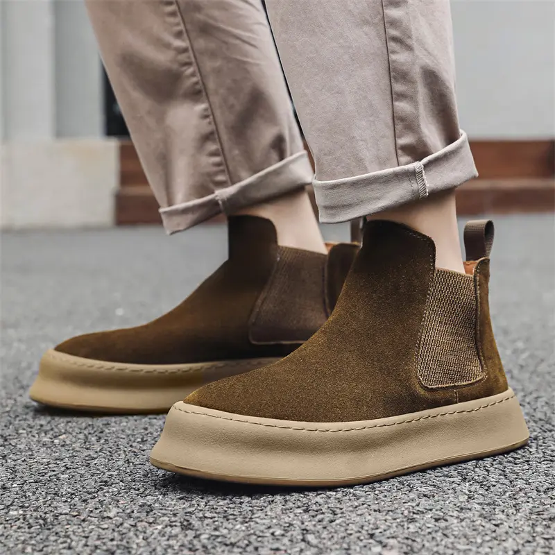 men's fashion cow suede leather boots slip-on flats platform shoes outdoors cowboy desert boot handsome ankle chelsea botas mans
