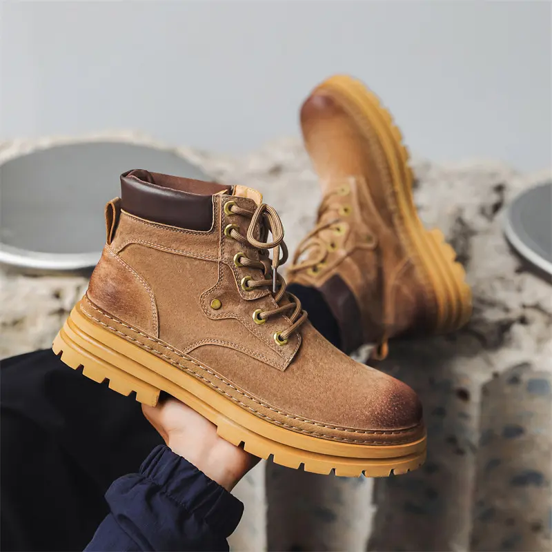 British style men casual outdoors desert boots lace-up cow suede leather shoes cowboy platform boot handsome ankle botas hombre
